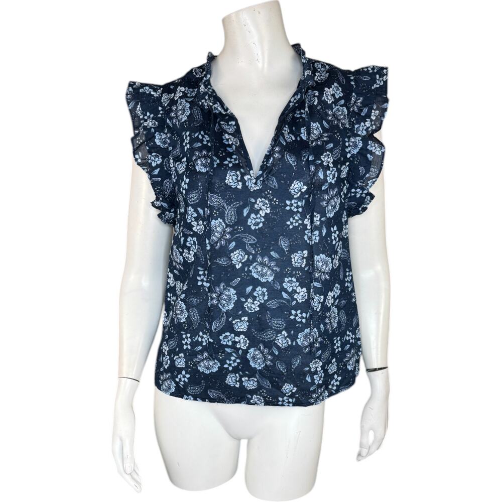 BB Dakota by Steve‎ Madden Floral Ruffle Sleeveless Top XS Blue 100% Cotton